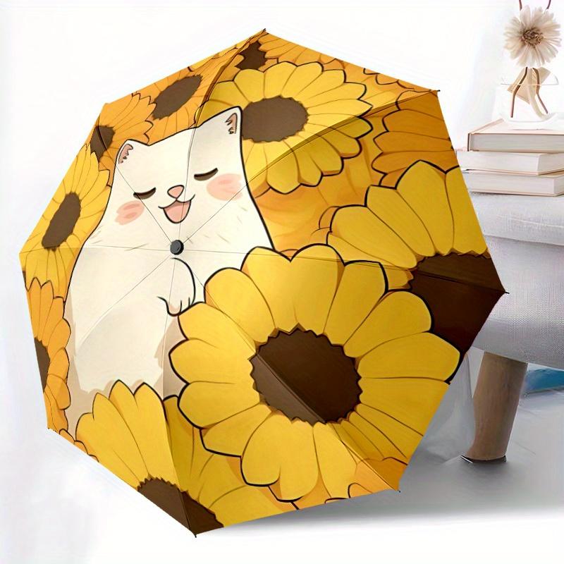 1pc Flower Cat Automatic Open/Close Umbrella with Windproof, Functional Design, 8-Rib Sturdy Canopy