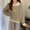 women half-zip striped sweatshirt polo collar long sleeve casual loose fit pullover top