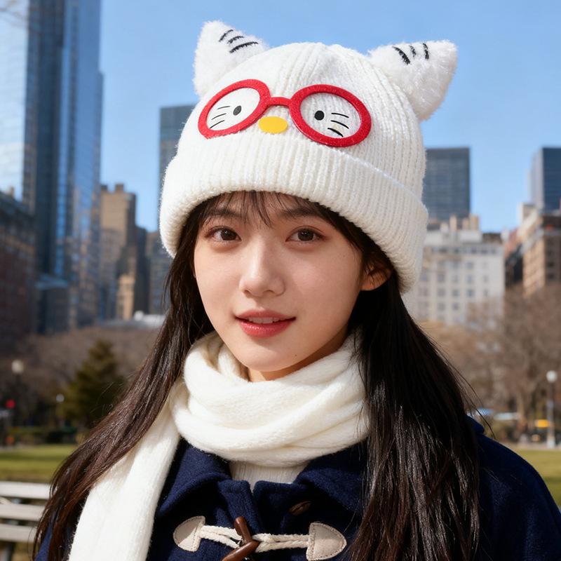 New Cute Glasses Cat Ears Hat for Women Autumn and Winter Warm Ear Protection Knitted Hat Showing Face Small Woolen Cold Hat