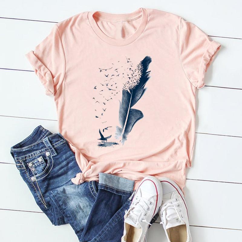 (Asian Size) Watercolor Feather Vintage Bird Women Print Short Sleeve Tee Top Fashion Tshirt Clothing Casual Summer Lady Female Graphic T-shirt