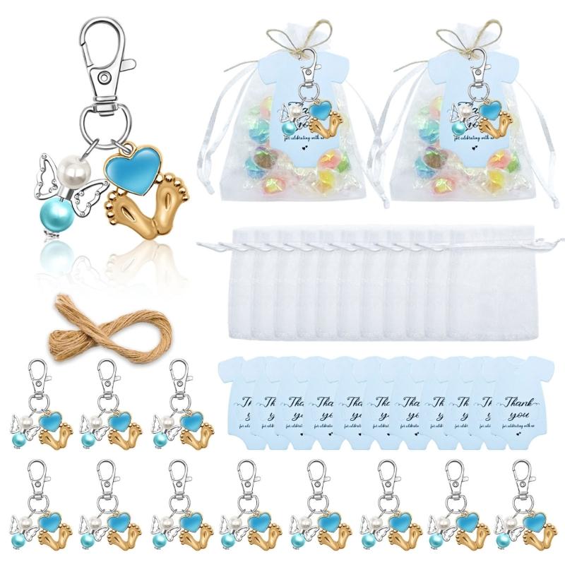 

24pcs Baby Shower Favors Angelic Footprint Keychains with Organzas Bags and Cards for Party Decorations and Guest Gift синій