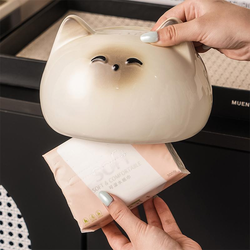 Cute Cat Ceramic Tissue Box Desktop Ornaments Home Decoration
