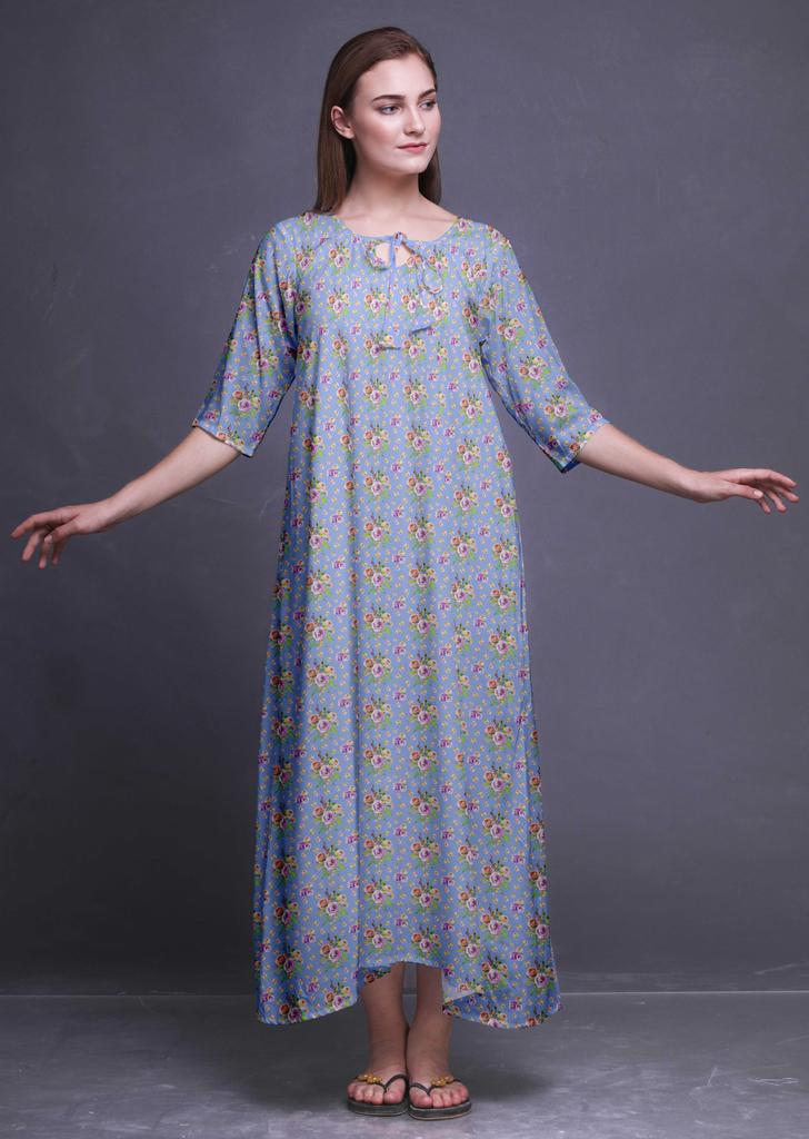 Bimba Dark Rose Brown Floral Leaves & Camellia Kanjiro Printed Nightgowns Maxi Sleepwear For Women Long Sleep Dress
