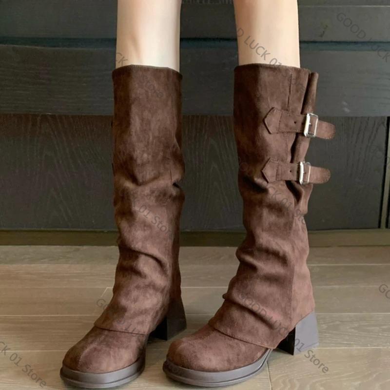 Fashion 2025 Vintage Women Trouser Legs Boots Removable Belt Buckle Autumn Winter Shoes Thick Heel Ladies Elegant Long Booties