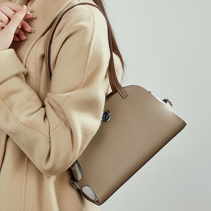 Genuine Leather High Version Color-Block Shoulder Bag Old Money Style High-End Shell Bag Retro Fashion Genuine Leather Underarm Bag Women's Bag