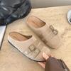Baotou half slippers women's spring wear new retro flat-bottomed leather buckle one-pedal slippers