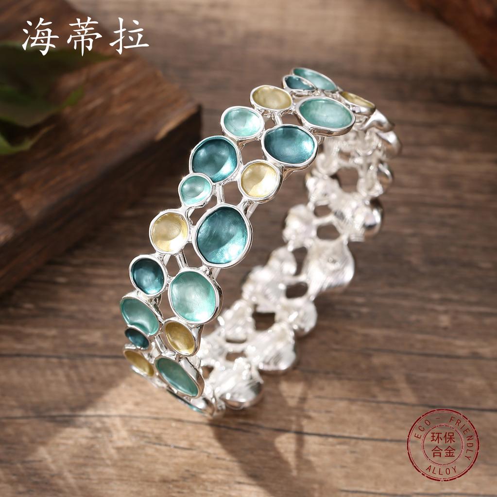 New Color Painting Oil Geometric Round Flower Elastic Bracelet, Fashionable Women's Versatile Petal Bracelet