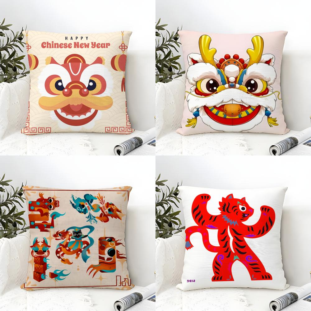 Oriental Festive Lion Print Pillow Case Cotton Linen Fabric Square Zipper Pillowcase Home Decorative Living Room