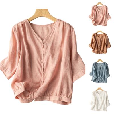 Women's Vintage Inspired Relaxed Fit Cotton Linen Blend V Neck Top With Mid Length Sleeves