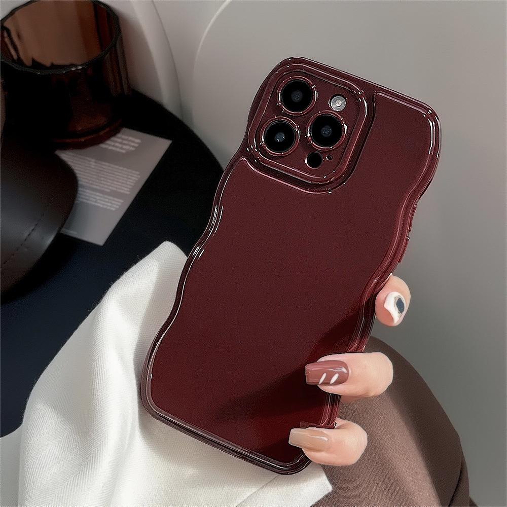 

Vintage Burgundy Wavy Edge Case For IPhone 12 13 14 15 16 17 Pro Max/Plus, Solid Color Soft TPU Shockproof Cover iPhone17 Pro Max бордовий