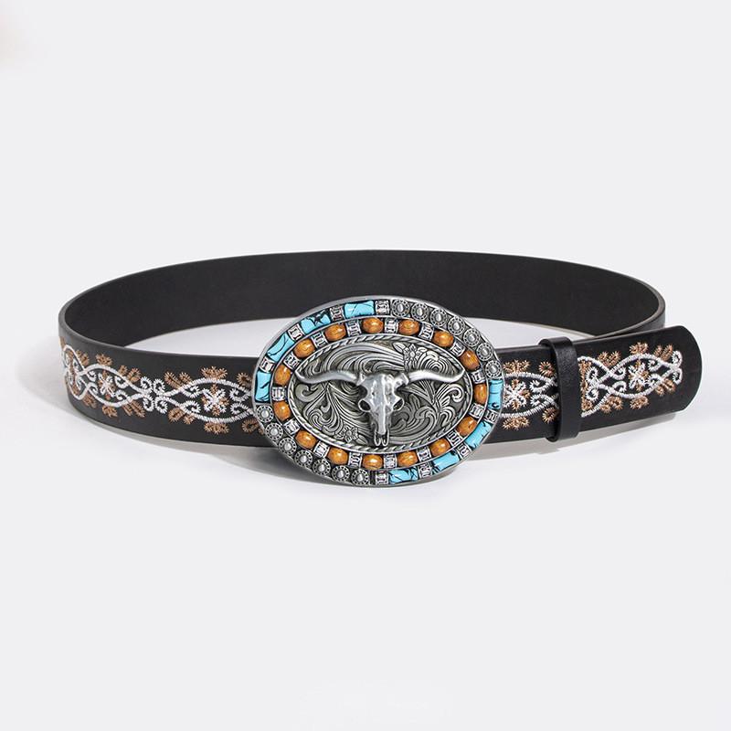 Vintage Turquoise Carved Sheep Head Embroidered Leather Belt For Fashion Enthusiasts