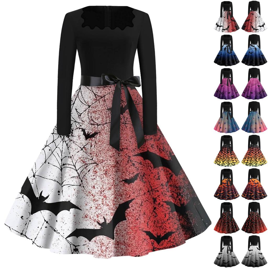 Women's Fashion Square Neck Casual Slim Halloween Printed Long Sleeve Dresses