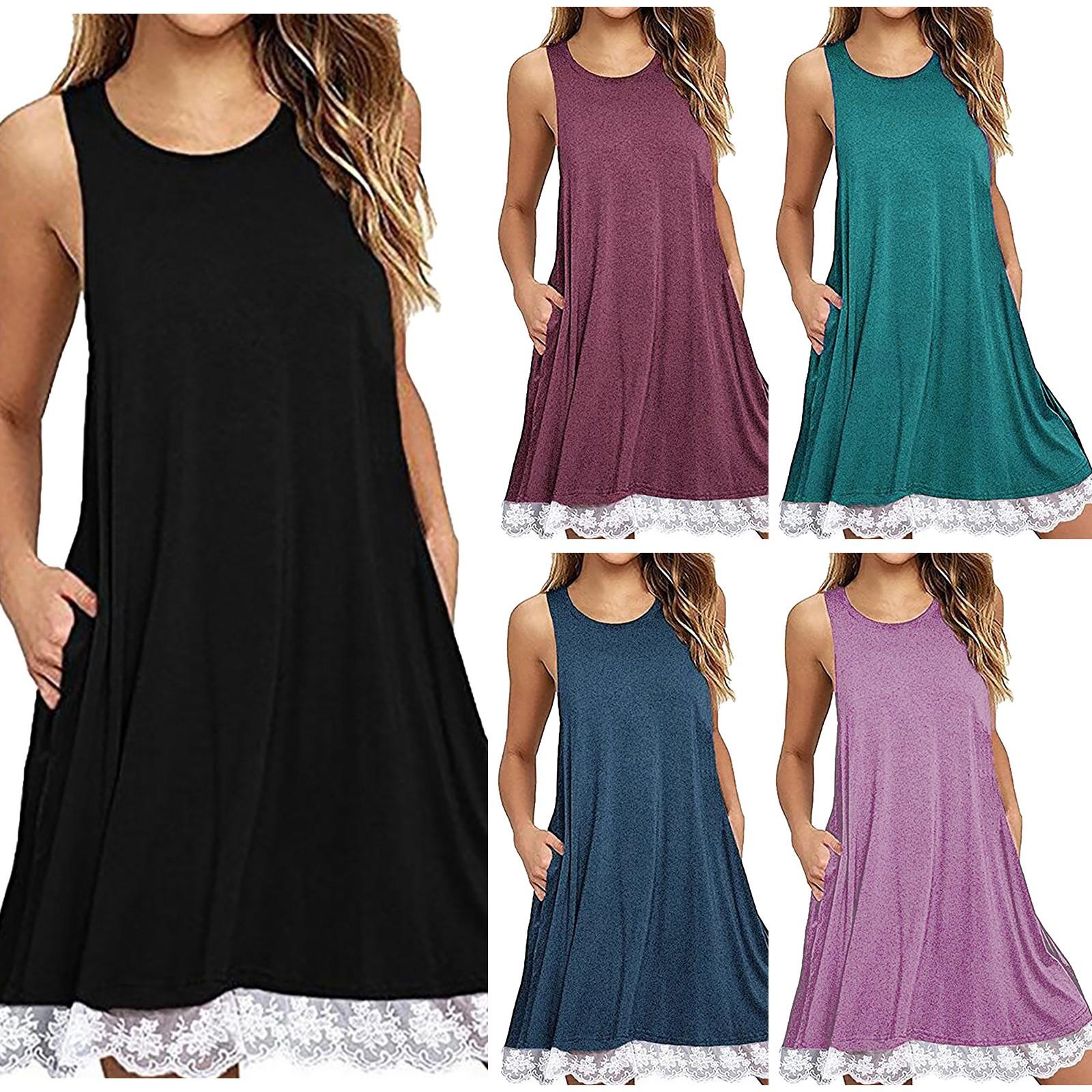 

Модное женское свободное однотонное платье без рукавов с кружевным подолом и без рукавов