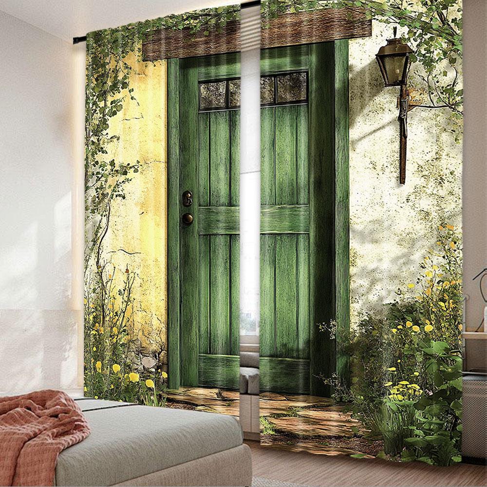 

2Pcs Rustic Curtains Cottage Door Overgrown Bushes And Grass Tree Garden In The Countryside Look For Bedroom Living Room And 100*130 HOOK 1pcs
