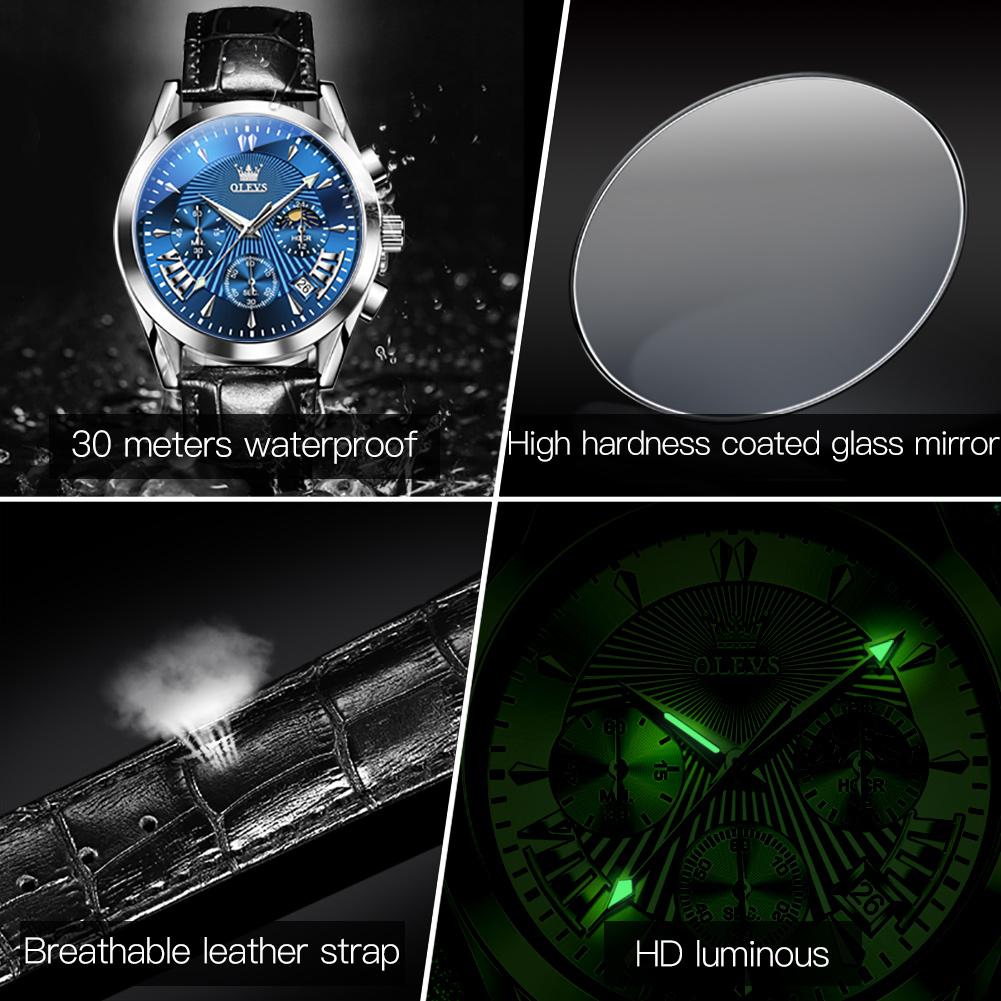 OLEVS Luxury Quartz Watches for Men Leather Strap Waterproof Chronograph Moon Phase Auto Date Original Men's Wrist Clock