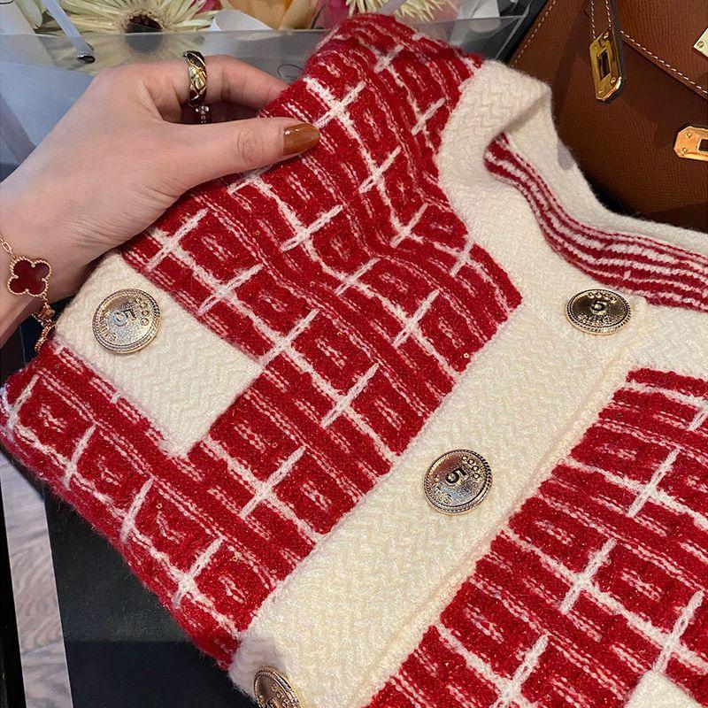 Early Autumn Sweater Women Knitted Cardigan New Year 2022 Spring and Autumn Checker Red Small Fragrant Coat O Neck Sweater