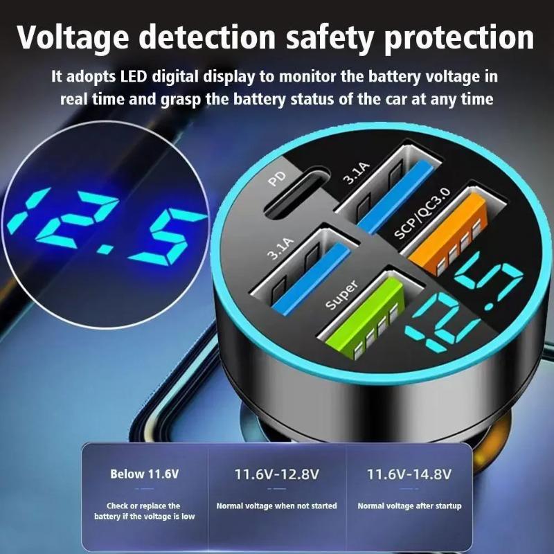 PD nabíječka do auta QC3.0 rychlé nabíjení Zásuvka do zapalovače cigaret do auta 1 až 5 portů nabíječka do auta flash nabíjení s digitálním displejem