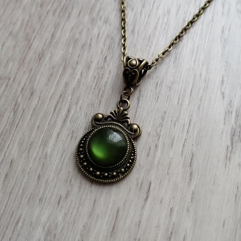 Gothic Bronze Green Stone Pendant Necklace