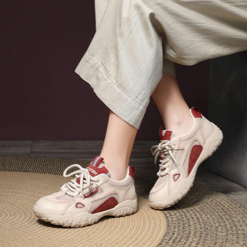 Johnature Genuine Leather Splicing Mesh Breathable Soft Soled Sports Shoes Casual Versatile Women's Sneakers