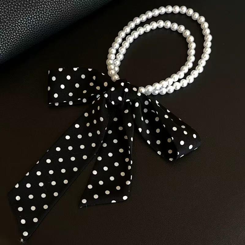Faionable Polka Dot Scarf Waist Belt For Women Decorative Pearl Splicing Neck Ribbon Elegant Stripes Fluttering Ribbon