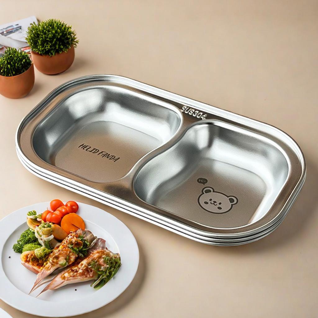 Snack Dessert Plate 304 Stainless Steel Dinner Plate Kid Divided Dinnerware 2 Compartment Sauce Plate Kitchen Tableware