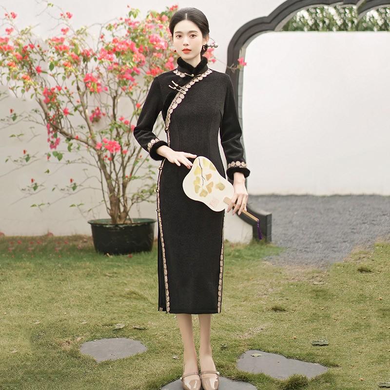 Womens Winter Chenille Qipao Dress Long Sleeve Stand Collar Retro Chinese Style Thick Warm Coat
