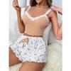 Women 2psc Pajama Set Pink Lace Patchwork V-Neck Sleepwear Sexy Nighties Suit Cami Top Printed Shorts Soft Pyjamas Loungewear