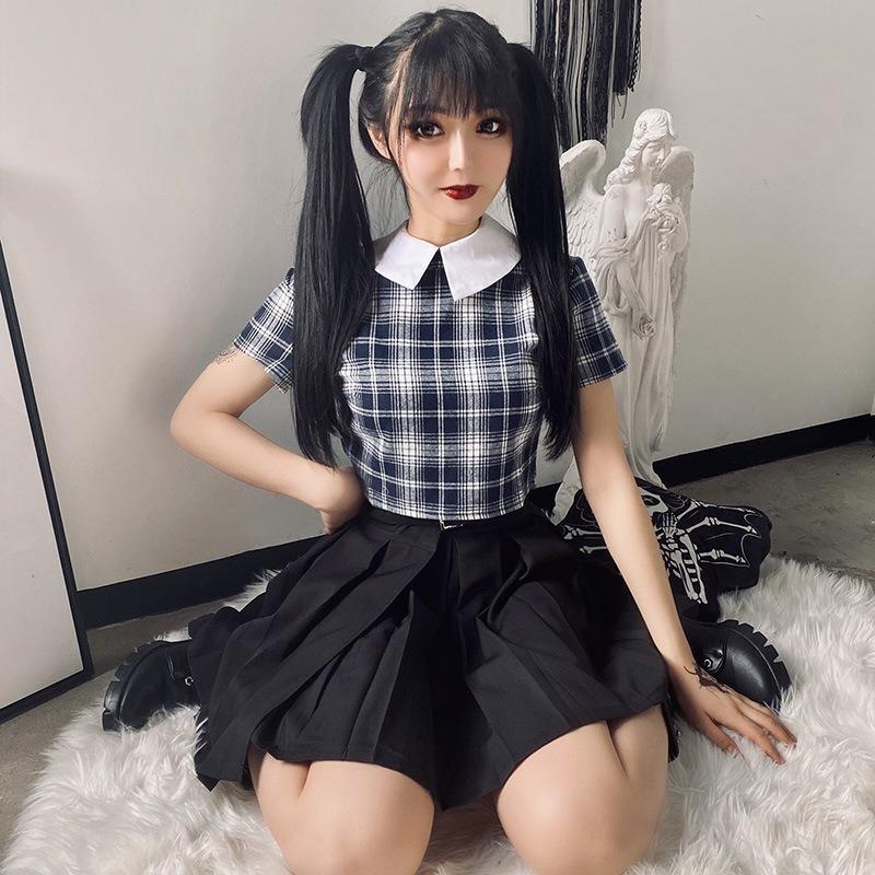 Scione Dark Female Skirt + Belt College Style Black Pleated Short Skirt High Waist Jk Suit Skirt