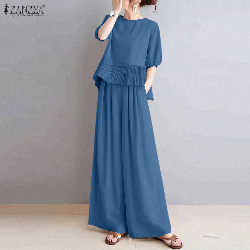 ZANZEA Damen Halbarm Bluse und Hose Sommer Zweiteiler Anzugsets