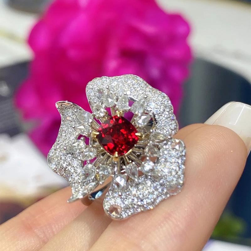 Radiant Ruby Flower Women s Open Ring - High-End Luxury  Trendy Design Adjustable Open Size