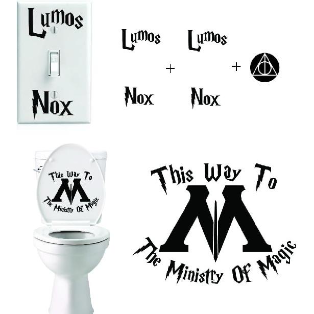Yoonek Graphics This Way to The Ministry of Magic Toilet seat lumus nox Light Switch Bundle. Pack of 4 Decal Sticker for Toilet Seat, Bathroom. #