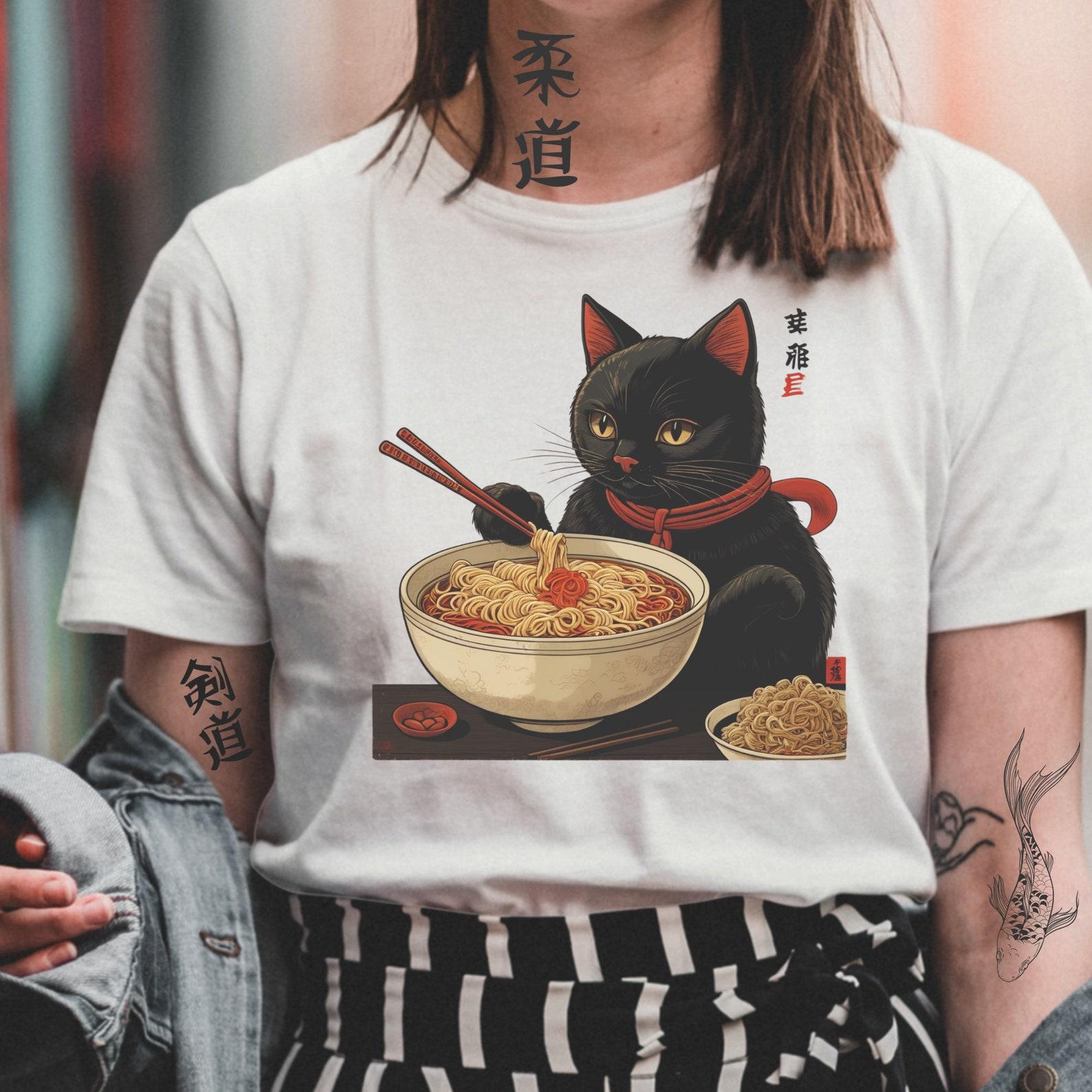 Ramen Cat T-Shirt, Kawaii Japanese Anime Shirt, Foodie Gift 2XL