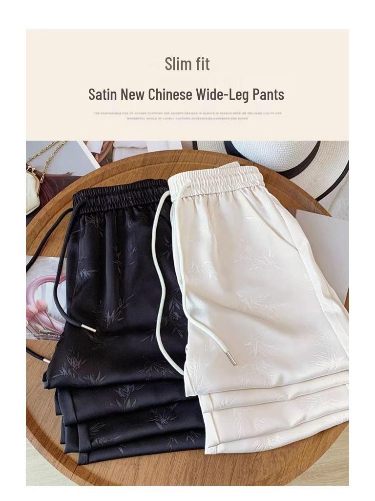 Chinese-Style Silk-Like Summer Wide-Leg Pants for Women