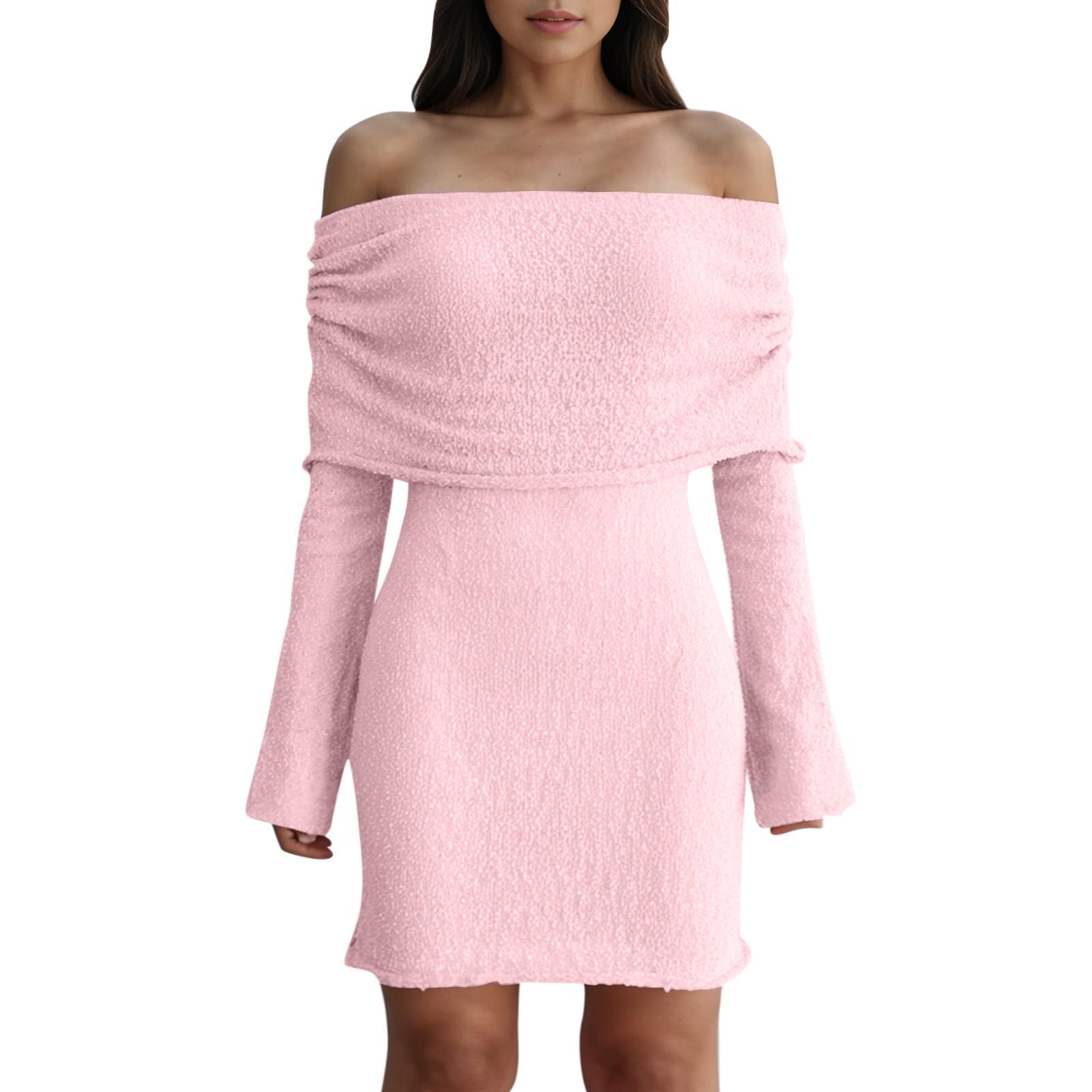 

Женские платья Сексуальные короткие трикотажные платья с открытыми плечами и длинными рукавами M розовый