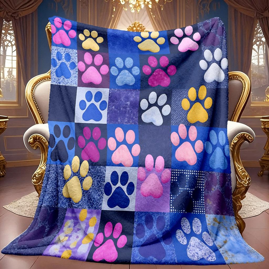 A 2D Colorful Patchwork Paw Print Themed Flannel Blanket, a Soft High-definition Digital Print Cooling Blanket Suitable for All Seasons! Soft and Brea