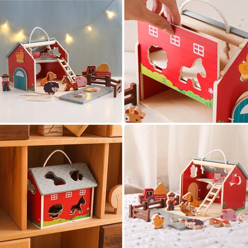 Wooden Simulated Farm Setting Scene Toys  Baby Thread Toy Shape Pairs Multiple And Functional Toys Nursery Decoration Baby Gift