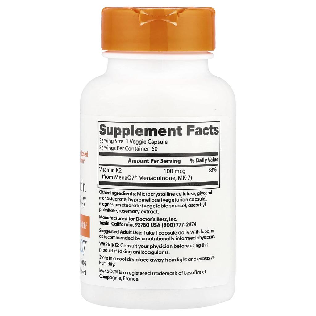 Doctor's Best Natural Vitamin K2 Mk-7 with Menaq7, 100Mcg, 60 Veggie Caps