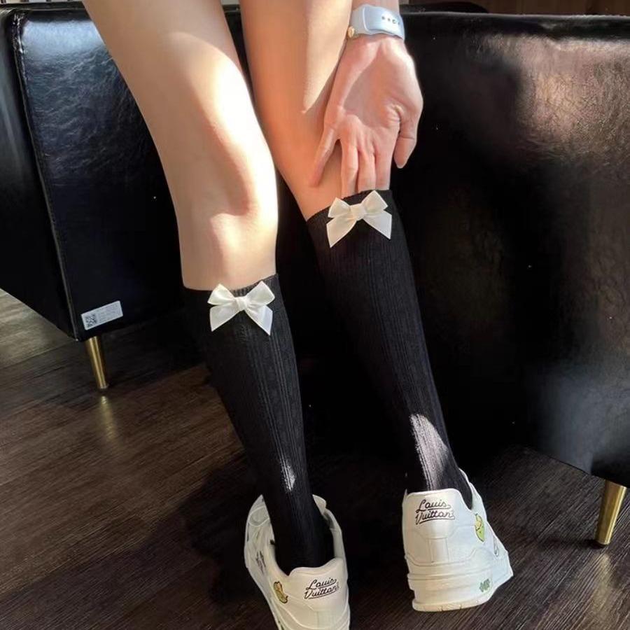 Atmungsaktive Schwarz-Weiße Schleife Kniehohe Socken - JK-Stil, Figurbetont & Süß für Mädchen