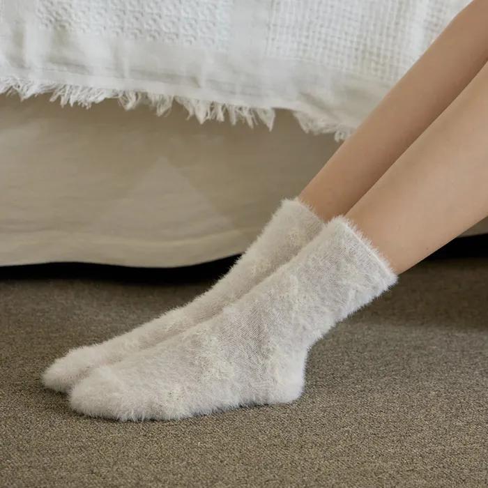[2 Set] Fluffy Ribbon Sleep Socks 2 Pairs 3 Colors