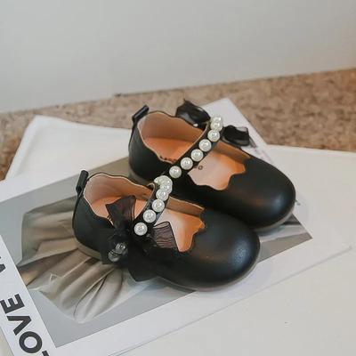 Sweet Pearls Bow Kids Princess Shoes Children's Soft Soled Versatile Leather Shoes Spring 2024 New Round-toe Platform Girls Flat