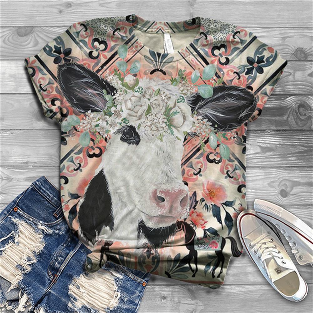 Women's T-shirt Short Sleeve Summer Everyday Animation Horse Digital 3D Print Sexy Diagonal Collar Top Loose Female Pullover