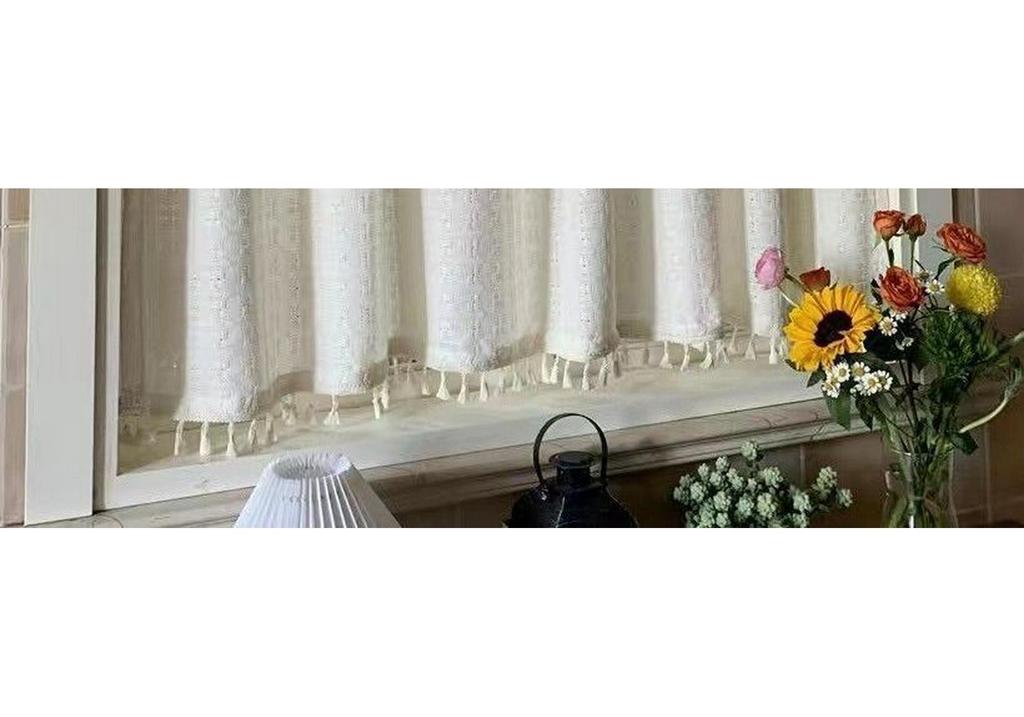 Sheer Plaid Bay Window Curtains, Chajiji Style, Tassel, Non-See-Through, No-Punch Magic Sticker, Ideal for Balcony or Living Room.