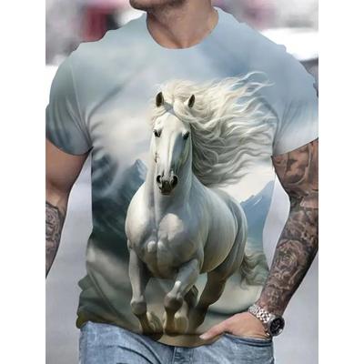 Ανδρικό T-shirt Μόδας με Γραφικό Άλογο που Τρέχει Λευκό 3D Εκτύπωση Κοντομάνικο Στρογγυλή Λαιμόκοψη Unisex Μπλουζάκι Καλοκαιρινό Casual Μπλουζάκι Προσωπικότητας