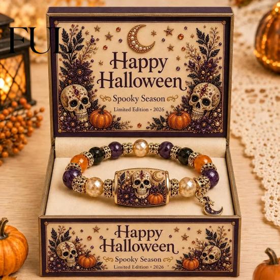 Stackable Charm Bracelet Halloween Stretch Beaded with Gift Box, Black Cat Pumpkin Ghost Spooky Theme Party Accessory Crow Witch Hat/Moon Charm,