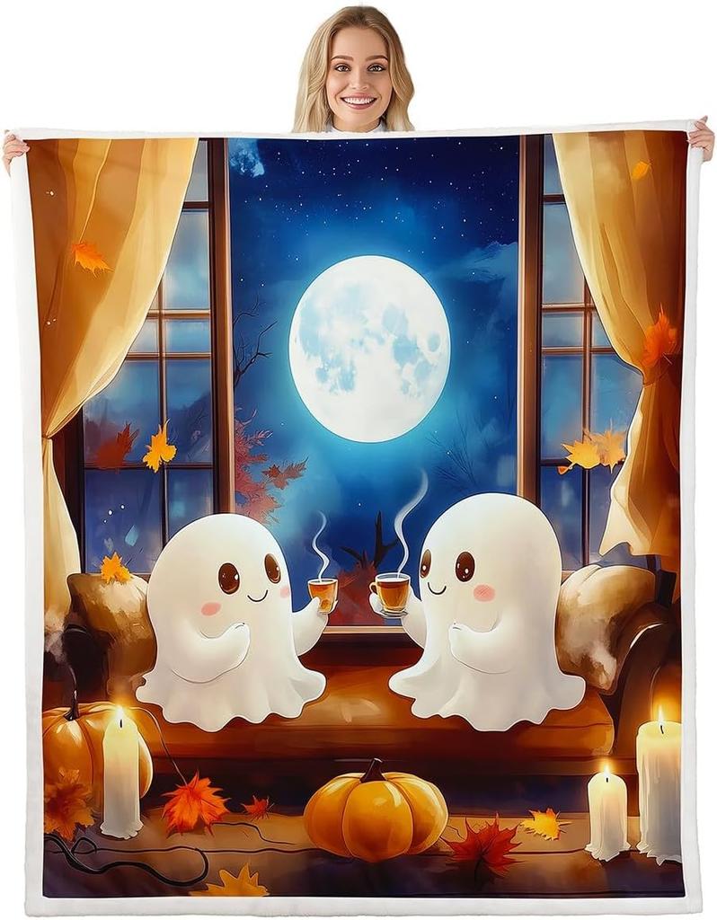 GUOYU Decke Happy Halloween Fleece-Decke Baby Kürbis Geist Feiertags Sherpa-Decke Gotische Fledermäuse Florale Pflanzen Flauschige Plüschdecke für Kinder
