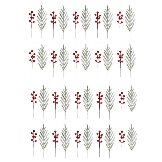 Tabletop Plant Ornaments for Home 20Pcs Christmas Norfolk Pine Picks, Flocked Snow Branches with Lifelike Floral Decor Gift Red Berries, Artificial