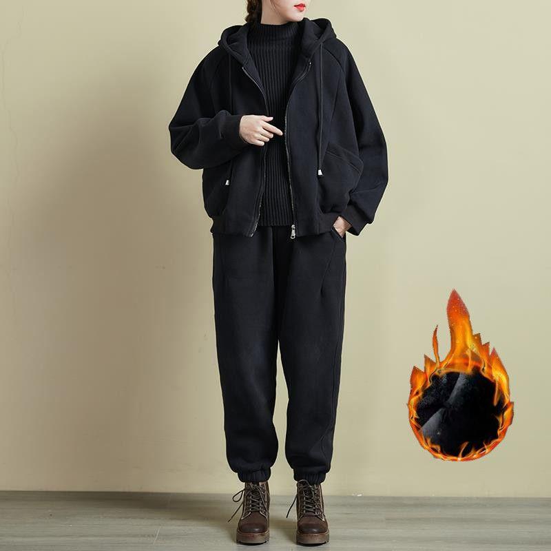 Autumn Winter Retro Loose Thickened Sportsuit Women Elegant Fleece Casual Hooded Sweatshirt Y2k 2-piece Set Fashion New Clothes