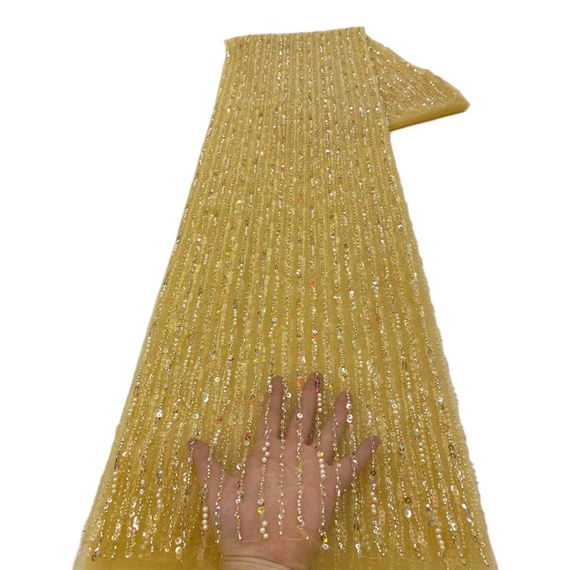 1 Yards African Luxury Beaded Tulle Lace Fabric Nigerian Handmade Heavy Sequin Lace Fabric For Diy Wedding Party Dresses