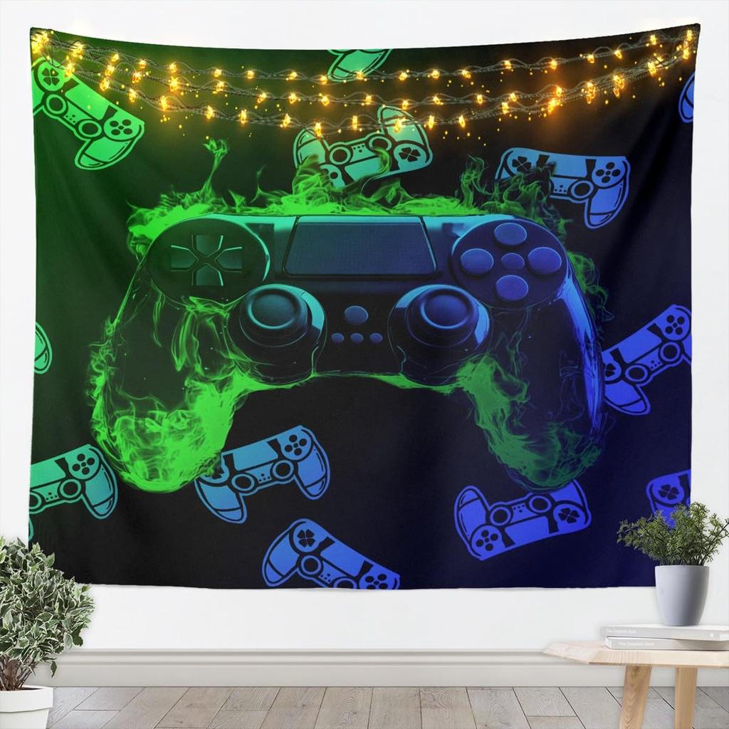 Flame Gaming Controller Tapestry, Black Background with Colorful Controller Pattern for Boys' Bedroom and Gamer Room Decor