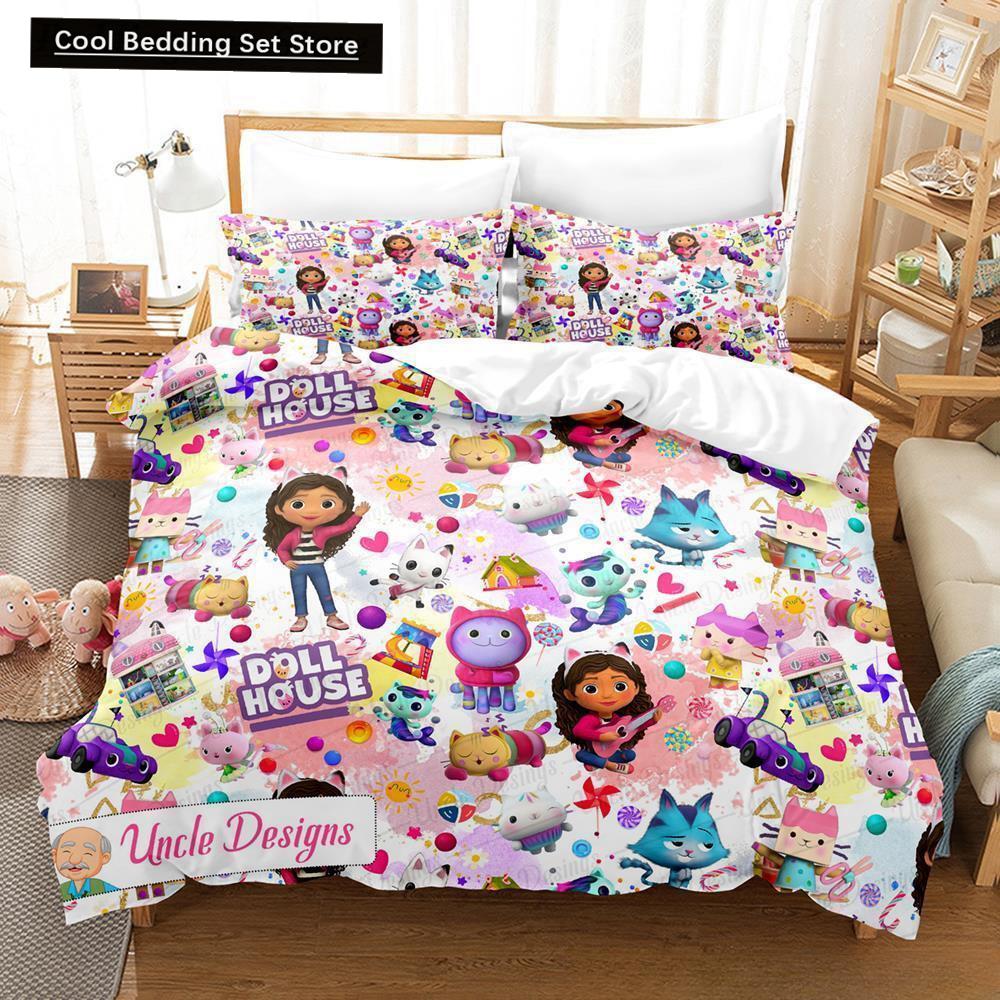 Gabbys Puppenhaus Bettwäscheset Einzelbett Twin Full Queen King Size Bettset Erwachsene Kinder Schlafzimmer Bettbezugsets 3D Anime Bettlaken-Set